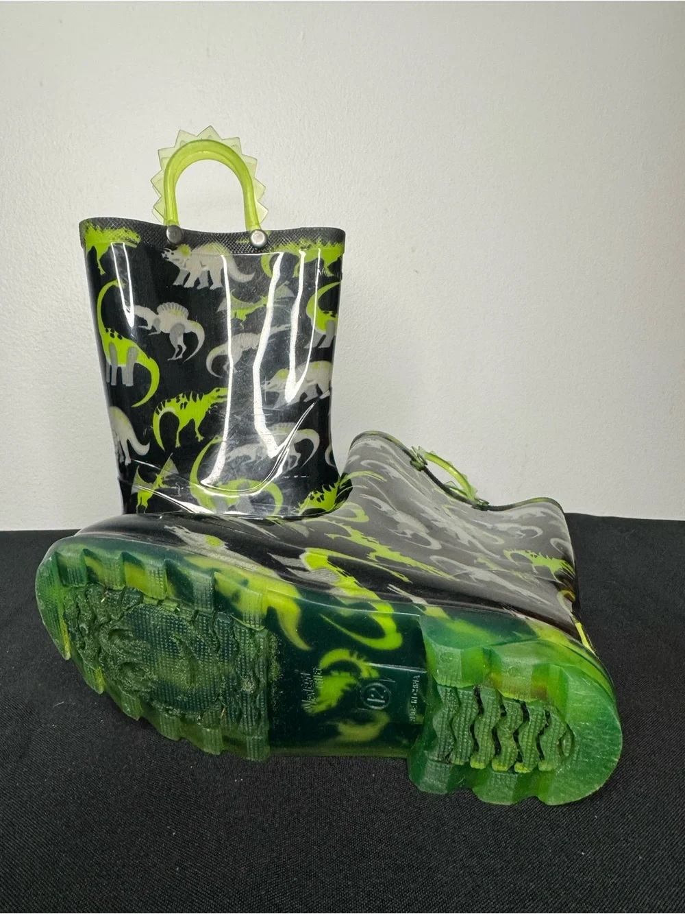 Western Chief Wade Dino Lighted Rain Boots Black Neon Green